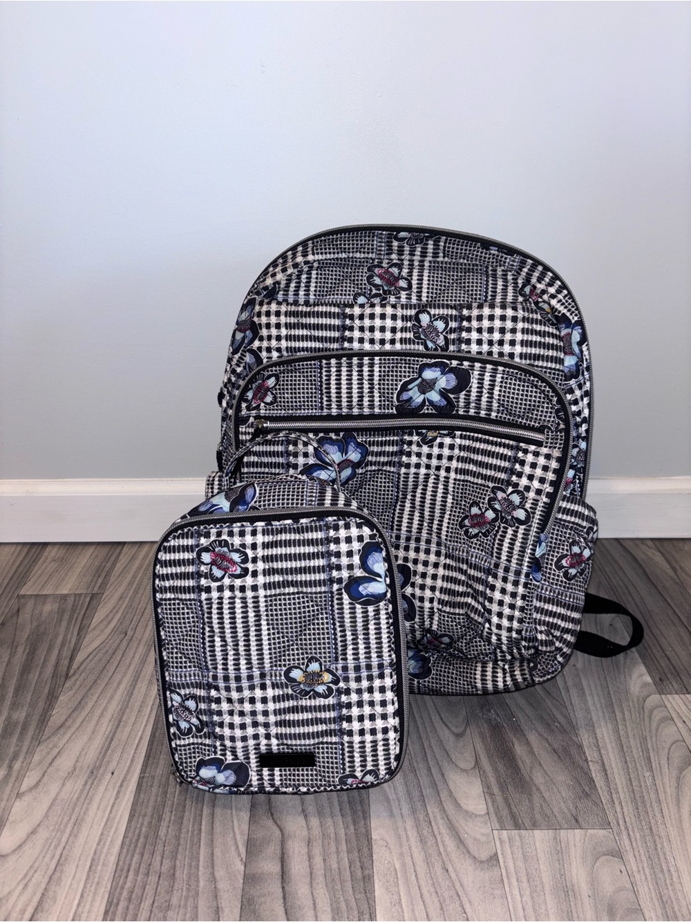 Vera Bradley Black & White Plaid Backpack and lunchbox with Blue Floral Accents